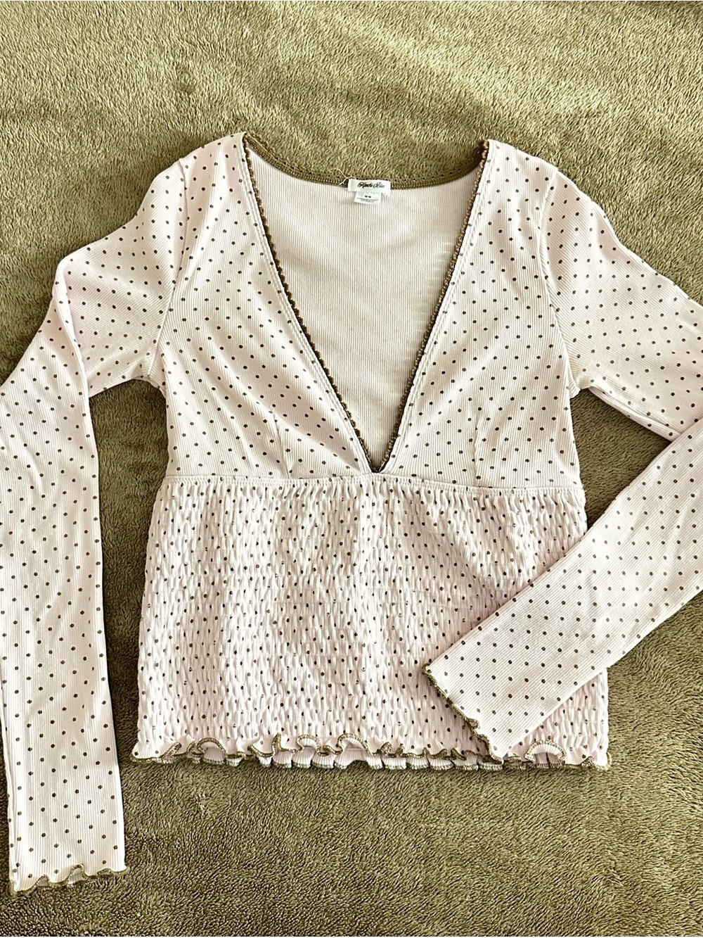 Kimchi Blue Pink Polka Dot Deep V Long Sleeve Top M